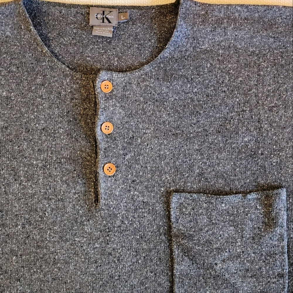 CK by Calvin Klein 100% Silk Brown/Grey Henley w/ pocket